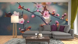 Fotobehang bloeiende Japanse kers - Sakura - woonkamer